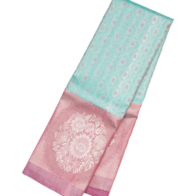 Turquoise Handloom Kanchipuram Silk Saree With Floral Jaal Motifs