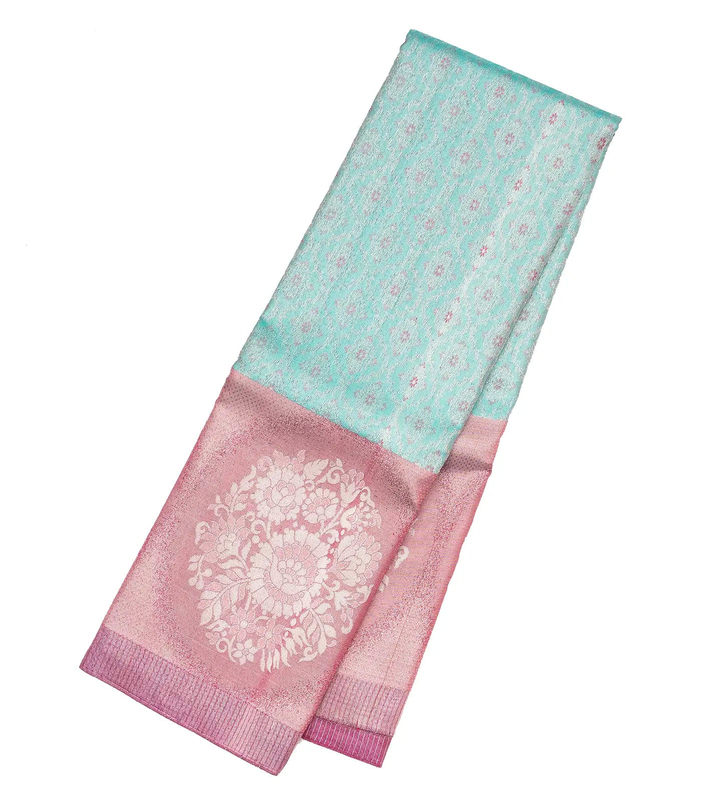 Turquoise Handloom Kanchipuram Silk Saree With Floral Jaal Motifs