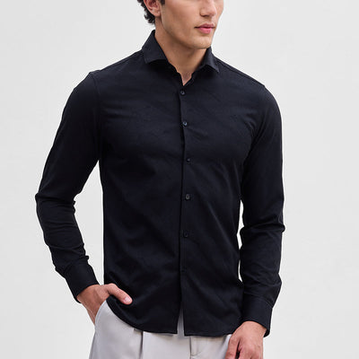 Black Slim Fit Self-Design Shirt