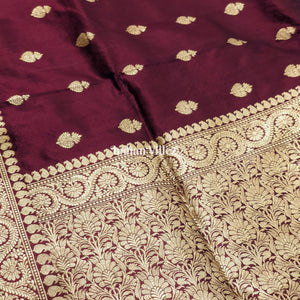 Wine Floral Motif Designer Banarasi Silk Saree