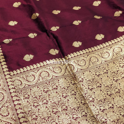 Wine Floral Motif Designer Banarasi Silk Saree