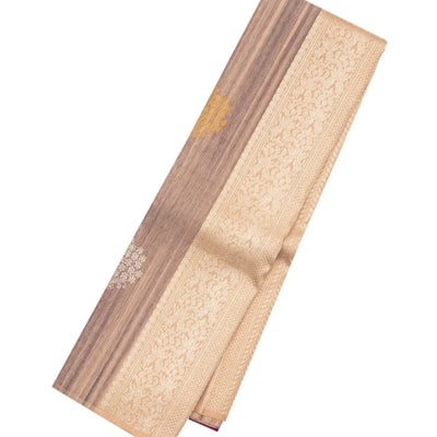 Cream Handloom Kanchipuram Silk Saree With Floral Motifs & Stripes