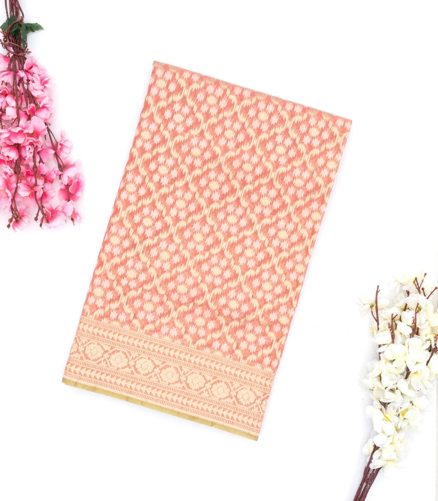 Peach Handwoven Banarasi Silk Cotton Saree With Floral Jaal Motifs
