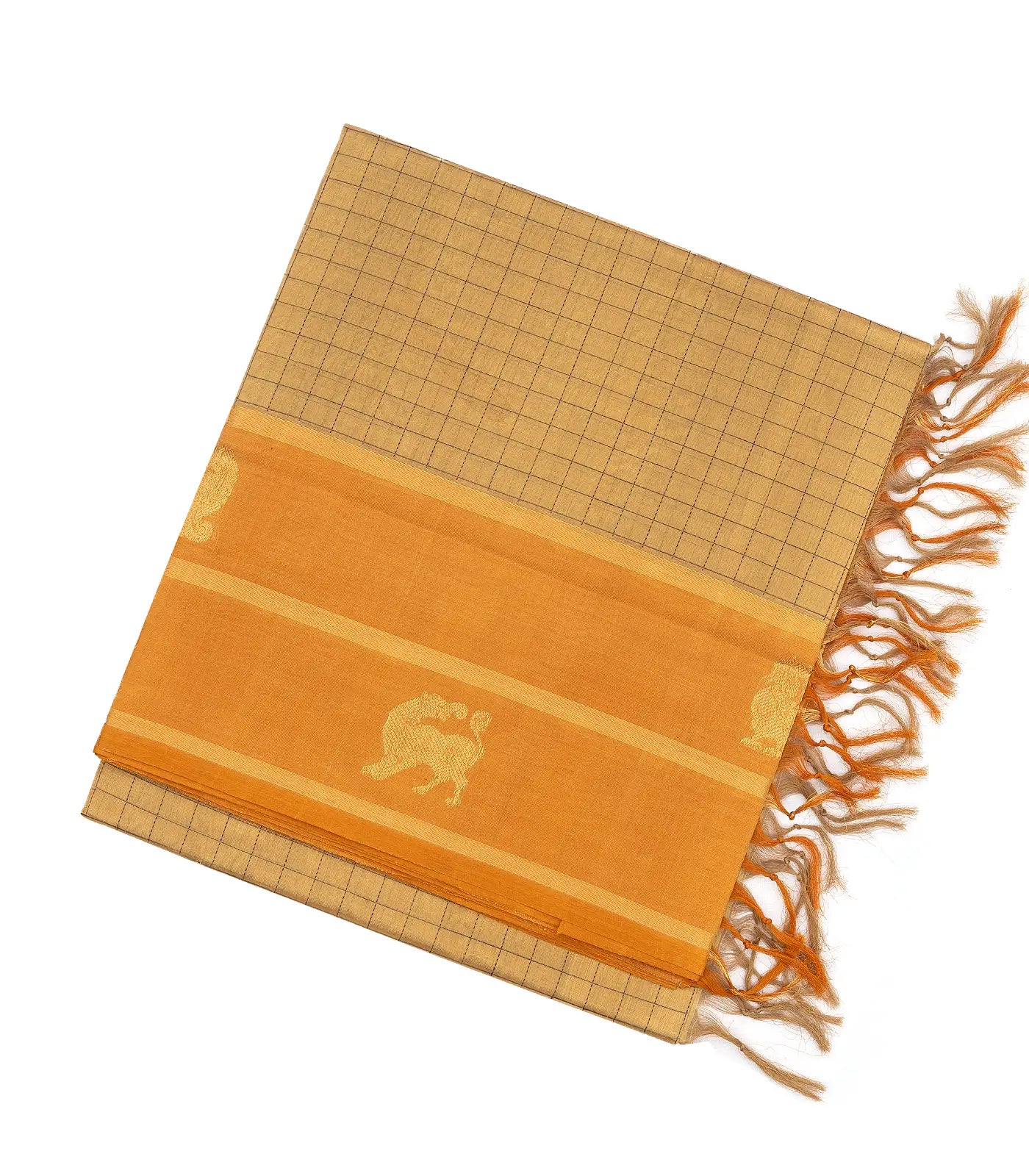 Sandal Handloom Silk Cotton Saree With Checks & Contrast Border