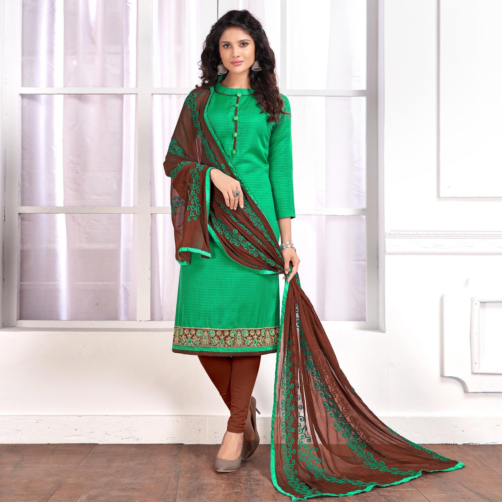 Fab Green Colored Partywear Embroidered Cotton Suit