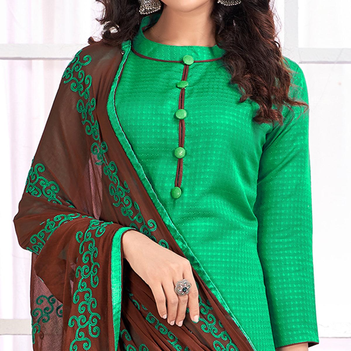Fab Green Colored Partywear Embroidered Cotton Suit