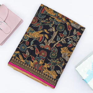 Black Handloom Tussar Silk Saree Printed & Embroidered Motifs