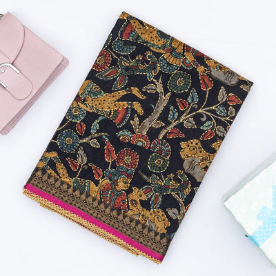 Black Handloom Tussar Silk Saree Printed & Embroidered Motifs