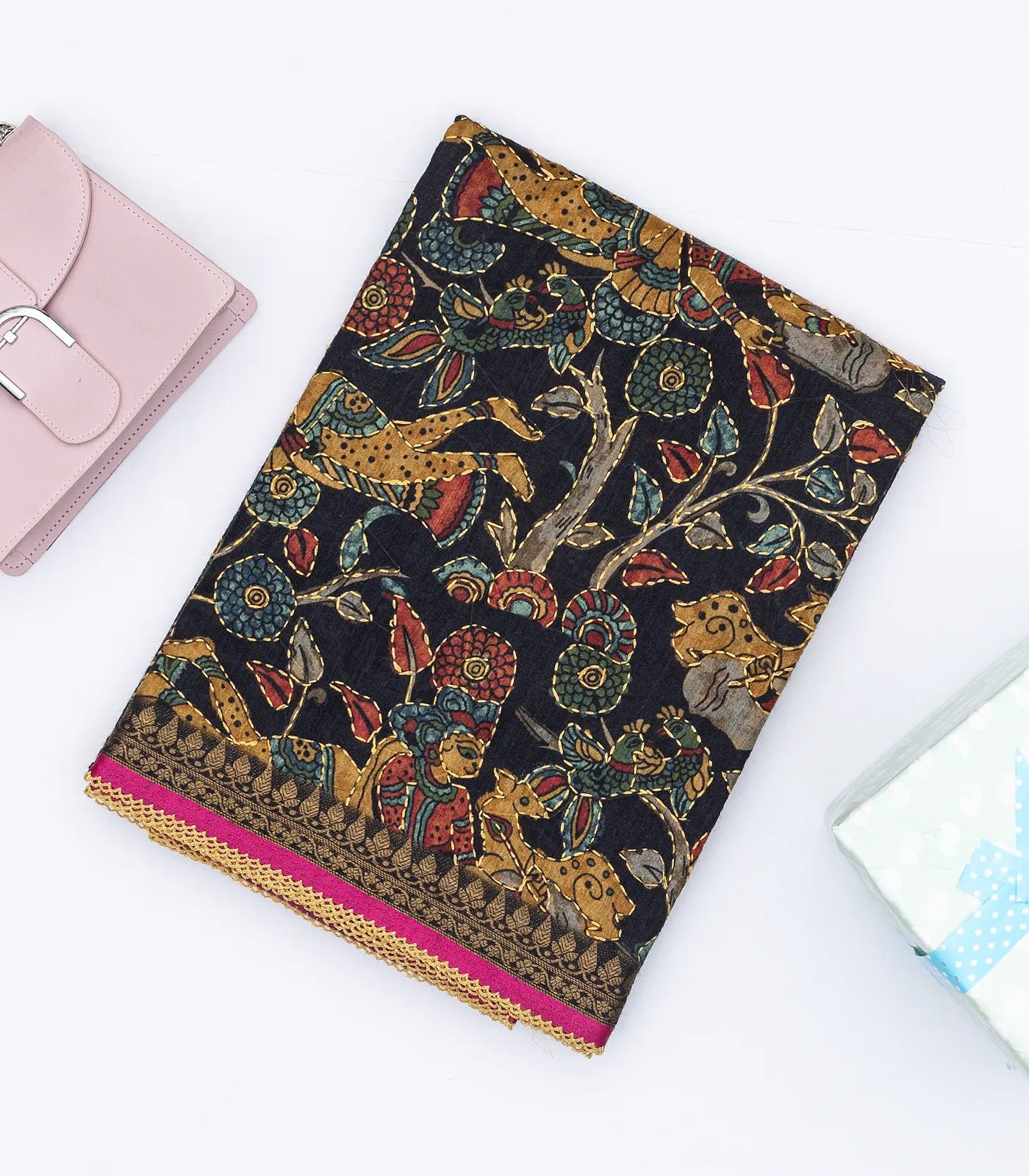 Black Handloom Tussar Silk Saree Printed & Embroidered Motifs