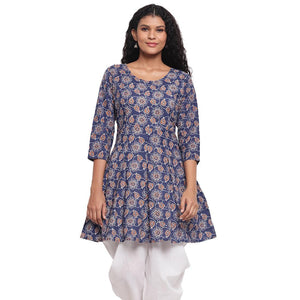 Fabnest - Indigo Blue Colred Printed Peplum Cotton Short Kurti