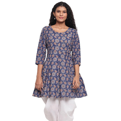 Fabnest - Indigo Blue Colred Printed Peplum Cotton Short Kurti