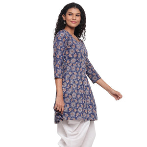 Fabnest - Indigo Blue Colred Printed Peplum Cotton Short Kurti