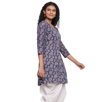 Fabnest - Indigo Blue Colred Printed Peplum Cotton Short Kurti