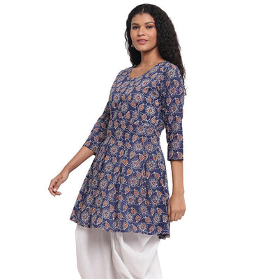 Fabnest - Indigo Blue Colred Printed Peplum Cotton Short Kurti