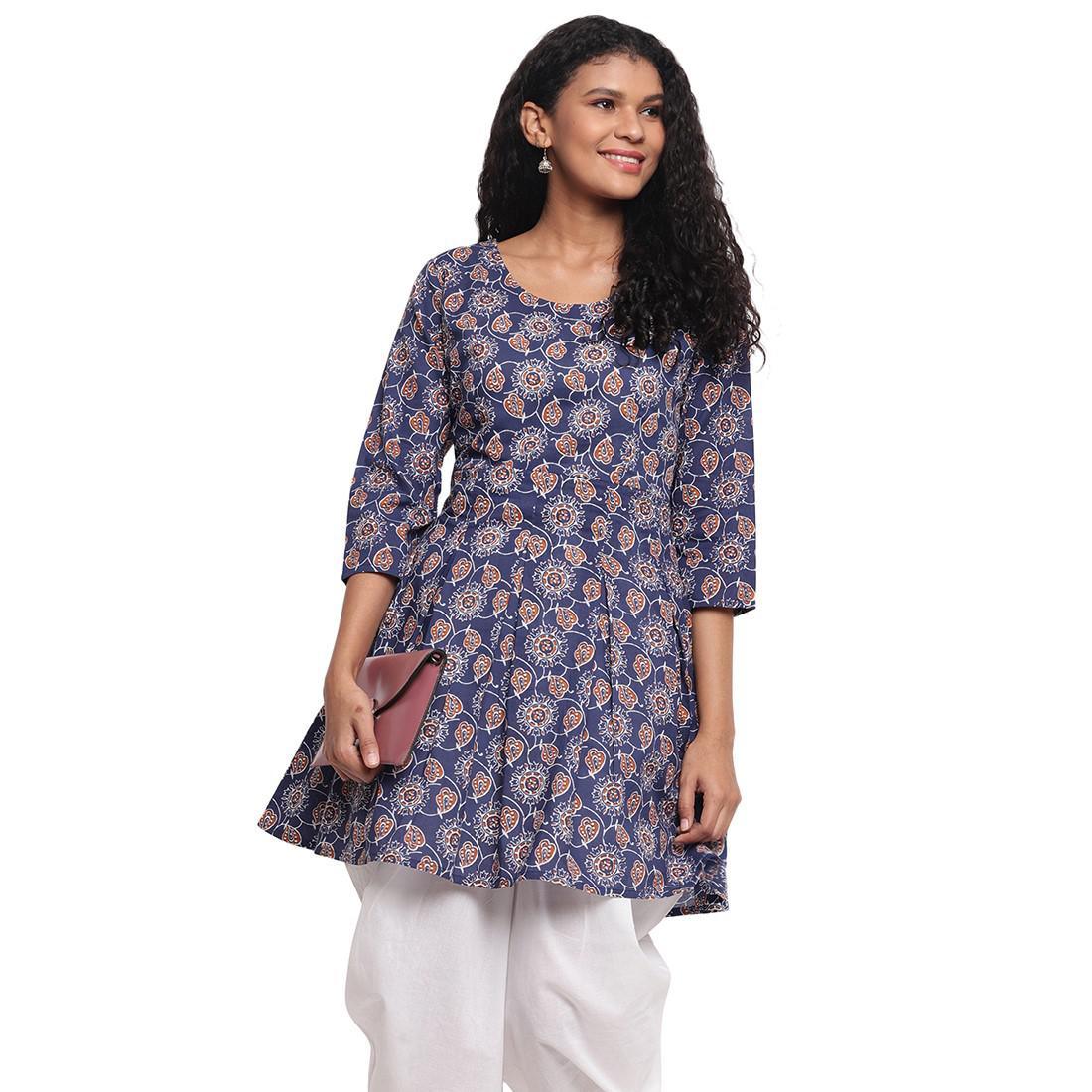 Fabnest - Indigo Blue Colred Printed Peplum Cotton Short Kurti