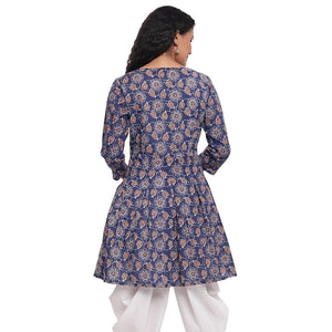 Fabnest - Indigo Blue Colred Printed Peplum Cotton Short Kurti