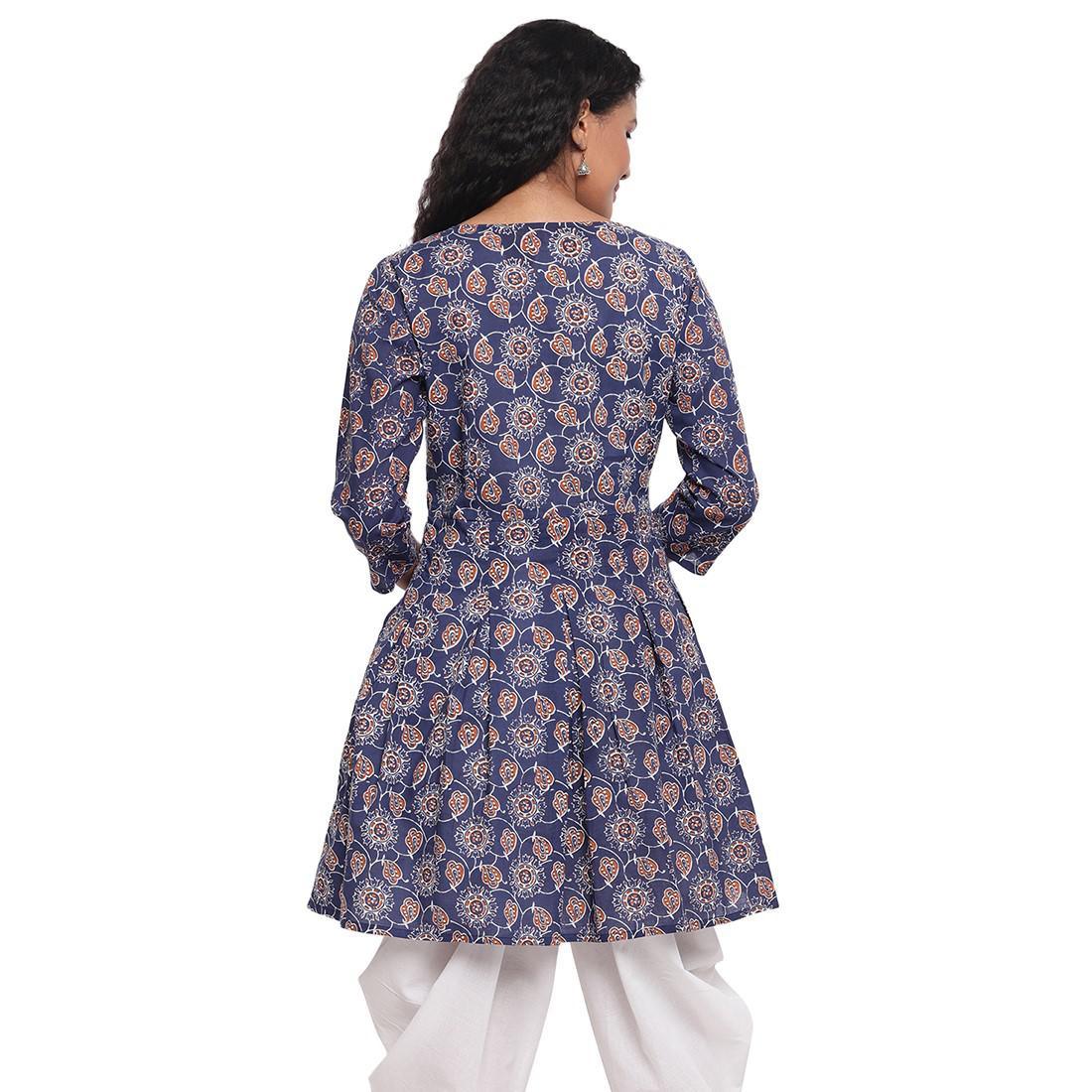 Fabnest - Indigo Blue Colred Printed Peplum Cotton Short Kurti