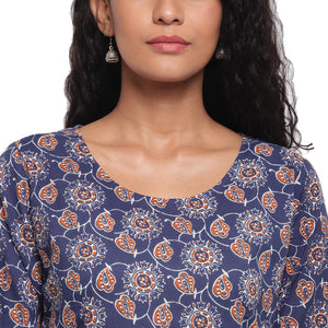 Fabnest - Indigo Blue Colred Printed Peplum Cotton Short Kurti