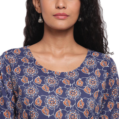 Fabnest - Indigo Blue Colred Printed Peplum Cotton Short Kurti