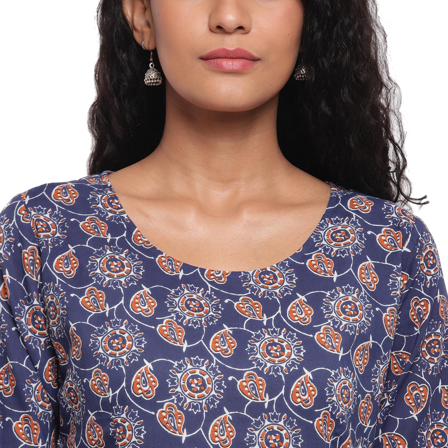Fabnest - Indigo Blue Colred Printed Peplum Cotton Short Kurti