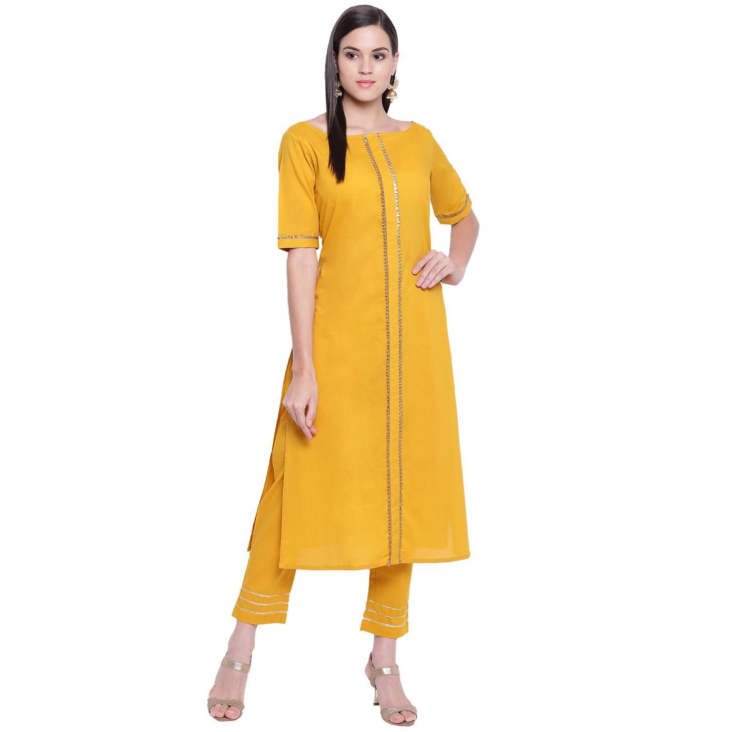 Fabnest - Yellow Colored Casual Wear Gota Work Cotton Kurti Pant Set