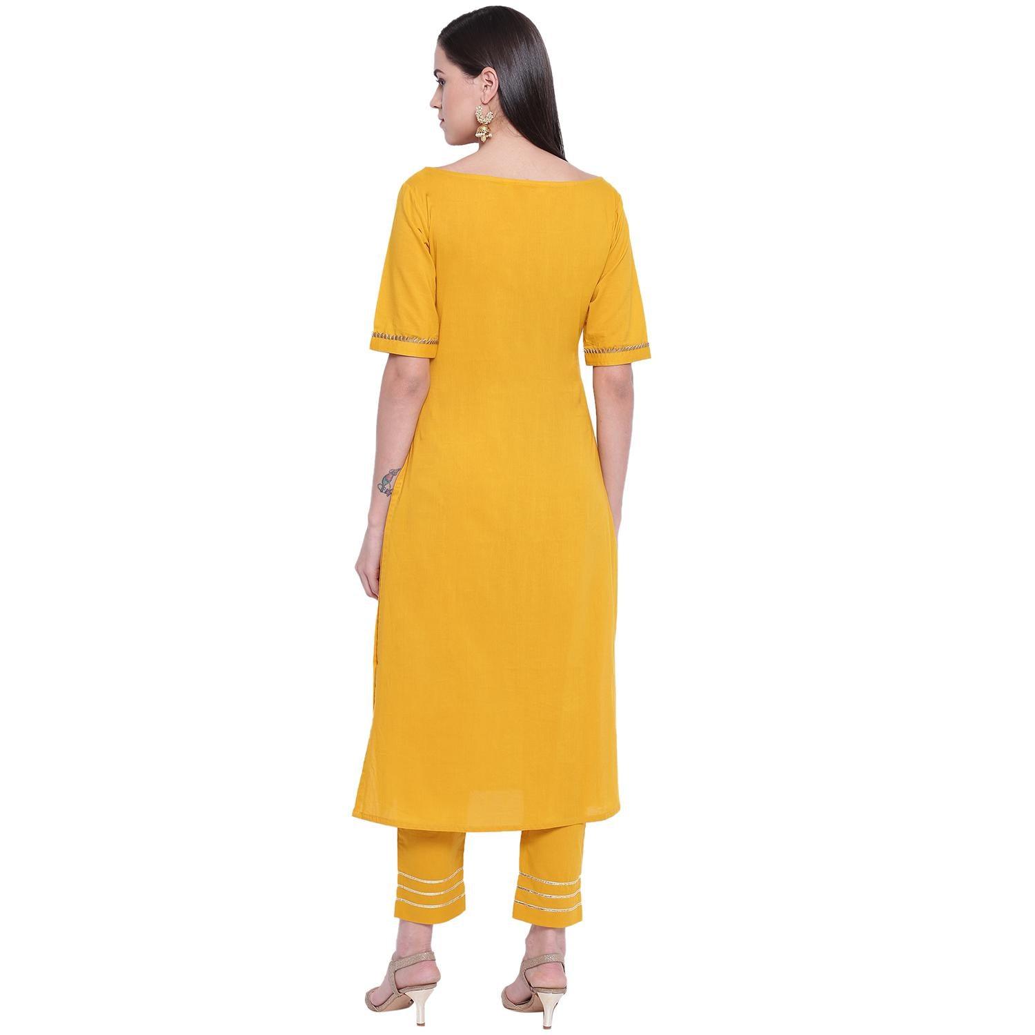 Fabnest - Yellow Colored Casual Wear Gota Work Cotton Kurti Pant Set