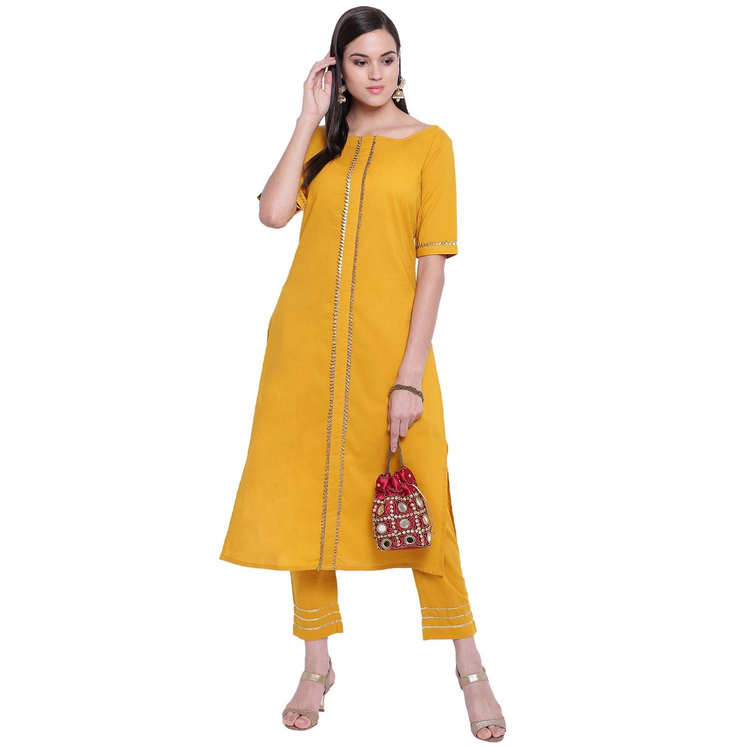 Fabnest - Yellow Colored Casual Wear Gota Work Cotton Kurti Pant Set
