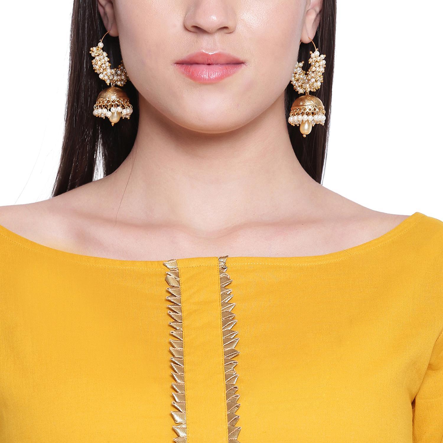 Fabnest - Yellow Colored Casual Wear Gota Work Cotton Kurti Pant Set