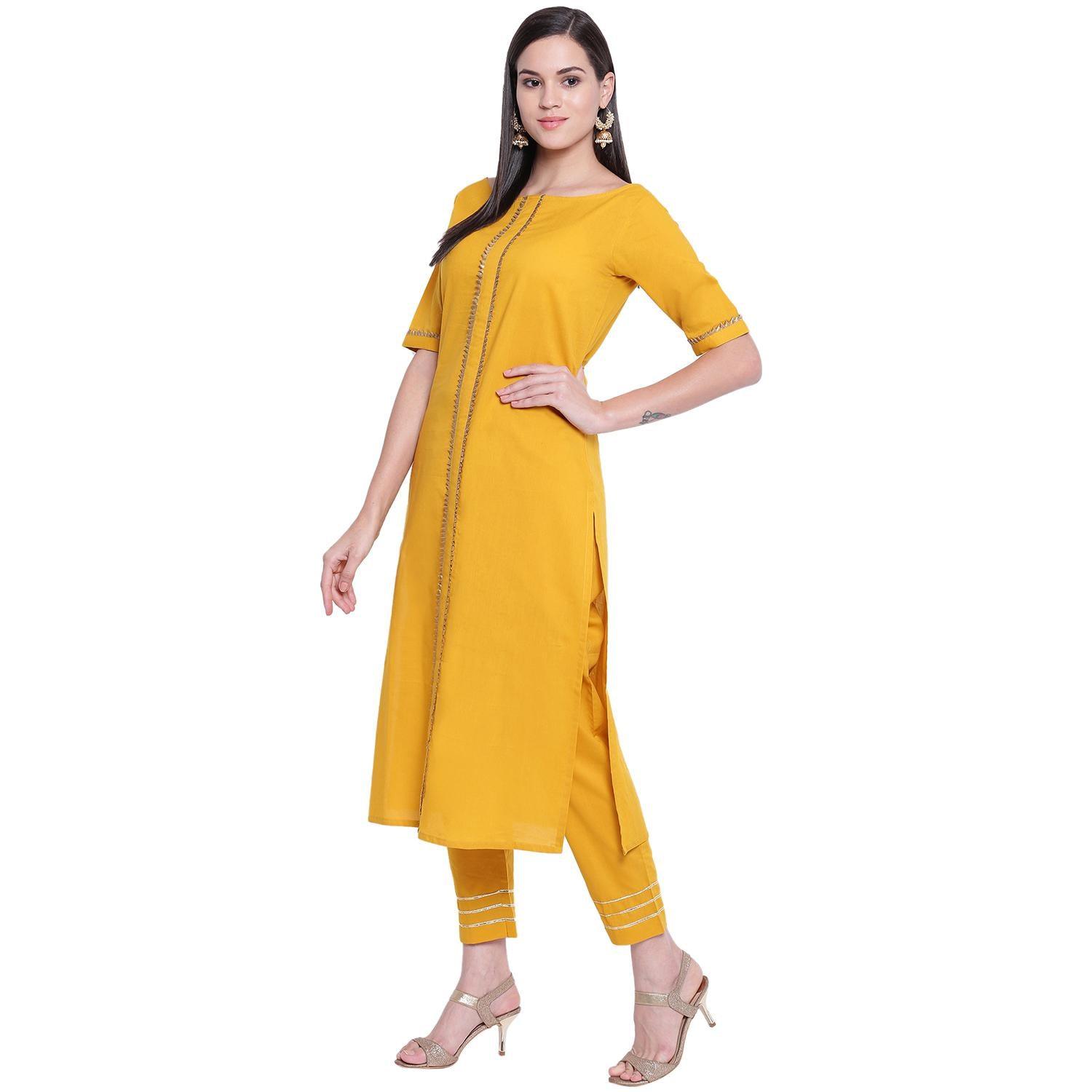Fabnest - Yellow Colored Casual Wear Gota Work Cotton Kurti Pant Set