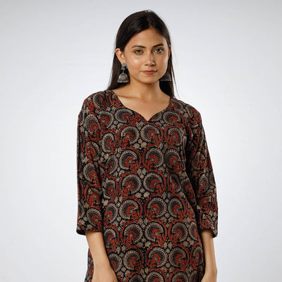 Black - Ajrakh Block Printing Cotton Long Kurta