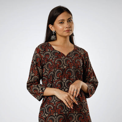 Black - Ajrakh Block Printing Cotton Long Kurta