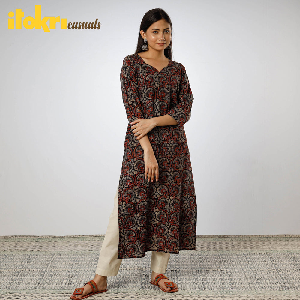 Black - Ajrakh Block Printing Cotton Long Kurta