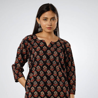 Black - Ajrakh Block Printed Cotton Long Straight Kurta