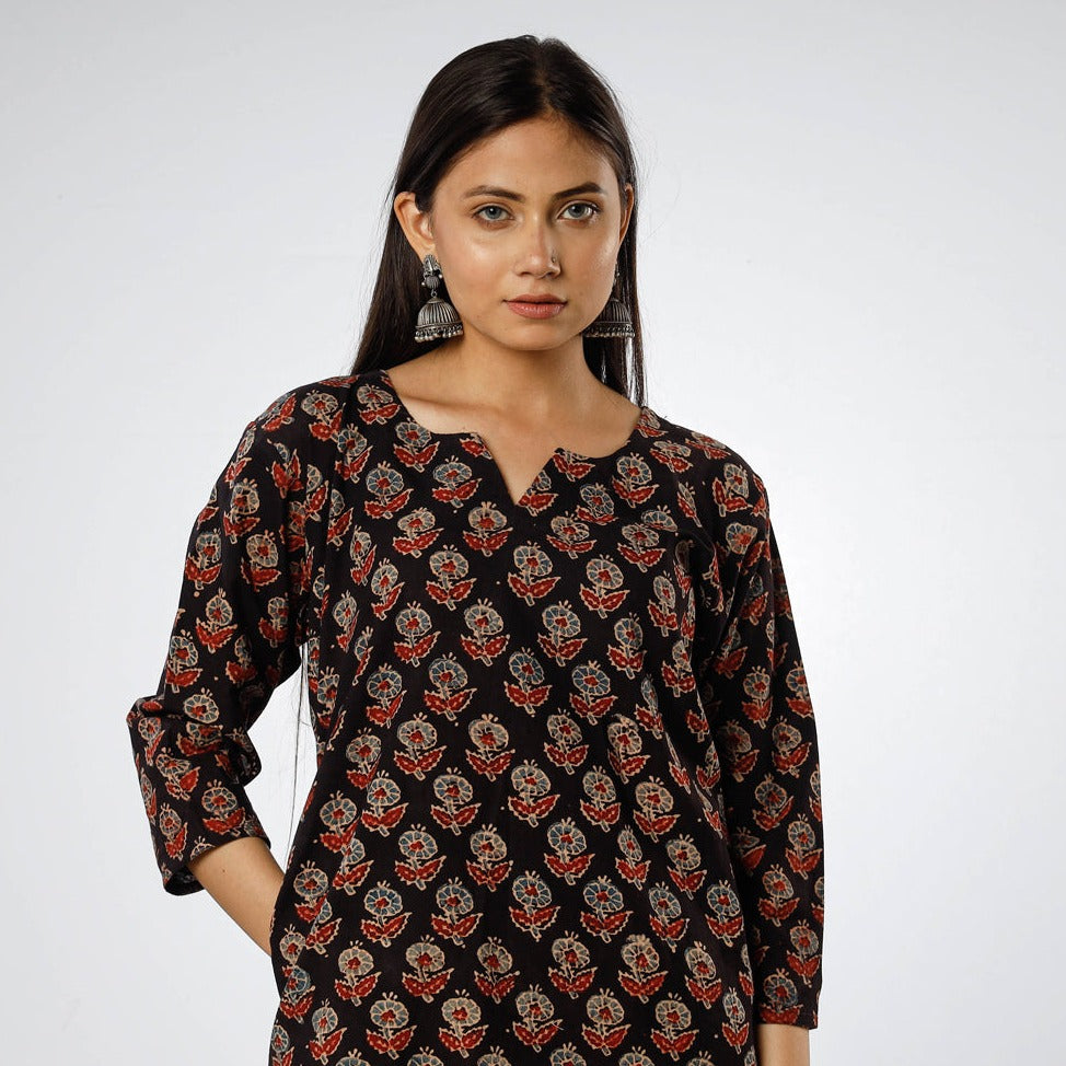 Black - Ajrakh Block Printed Cotton Long Straight Kurta