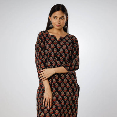 Black - Ajrakh Block Printed Cotton Long Straight Kurta