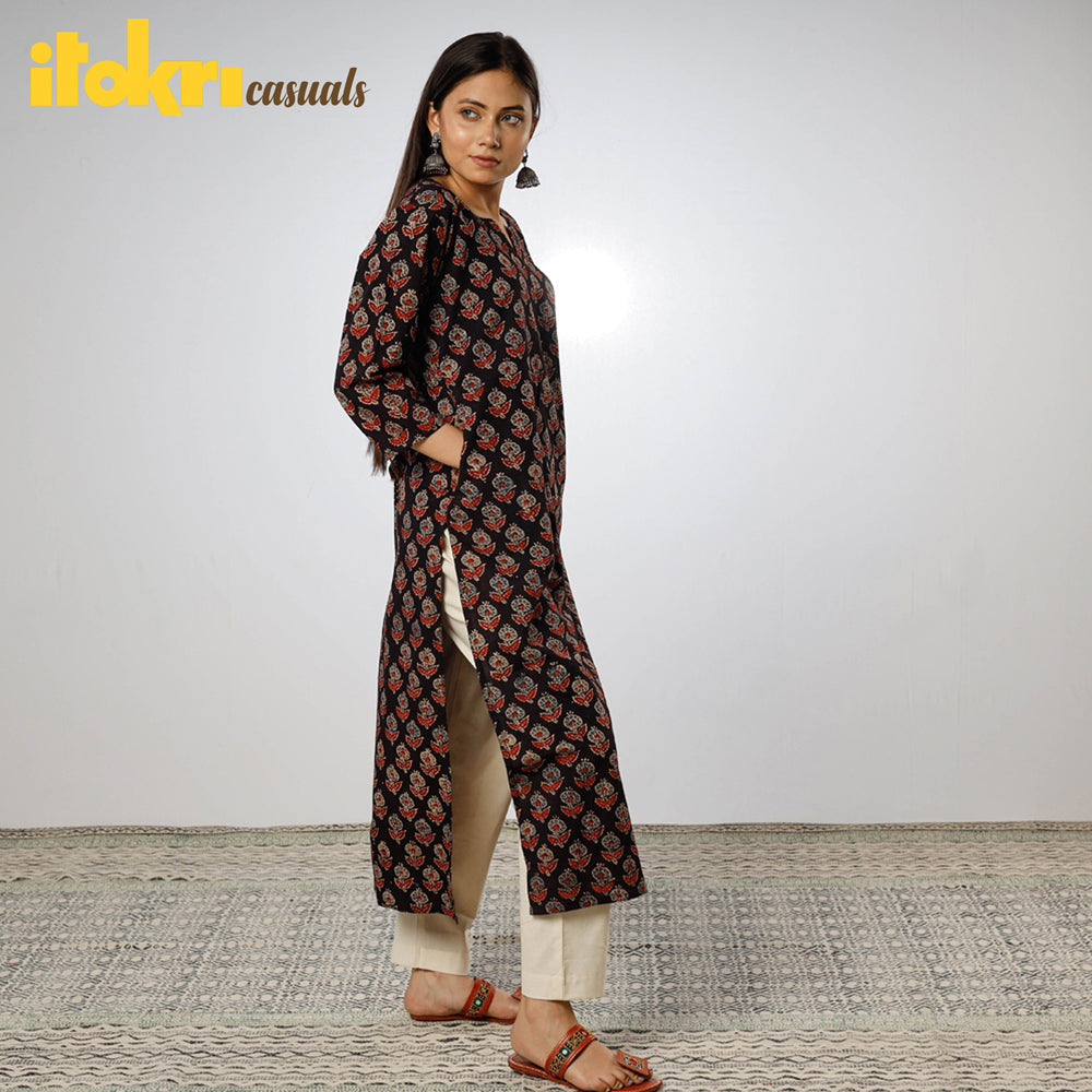 Black - Ajrakh Block Printed Cotton Long Straight Kurta