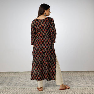 Black - Ajrakh Block Printed Cotton Long Straight Kurta