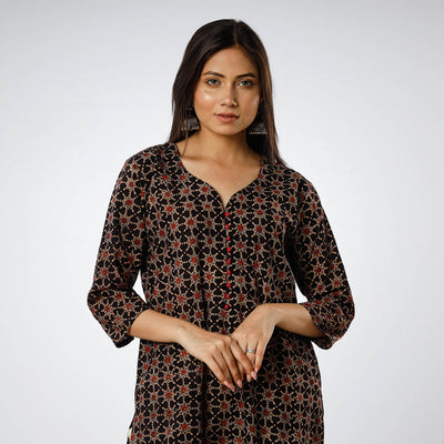 Black - Ajrakh Block Printed Cotton Long Straight Kurta