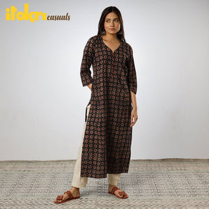 Black - Ajrakh Block Printed Cotton Long Straight Kurta