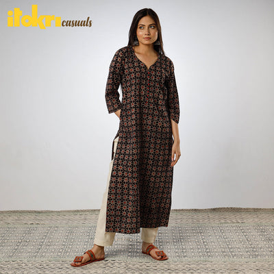 Black - Ajrakh Block Printed Cotton Long Straight Kurta