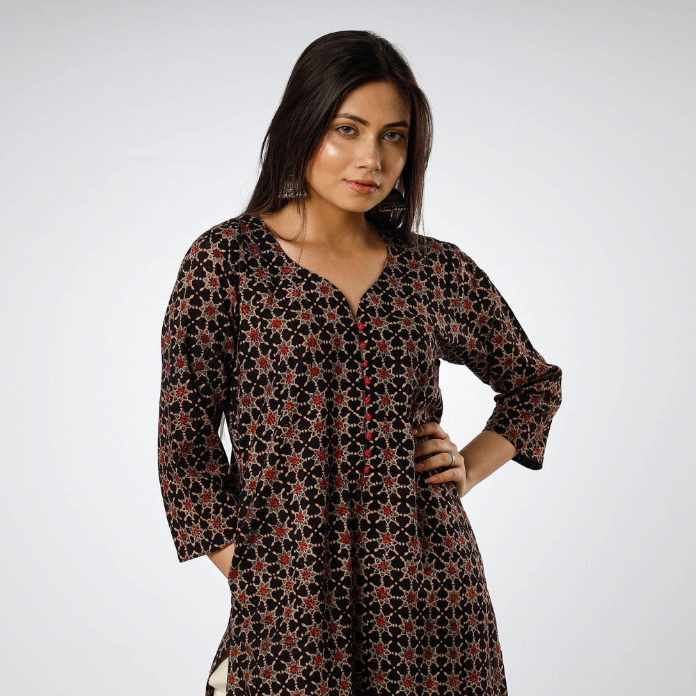Black - Ajrakh Block Printed Cotton Long Straight Kurta