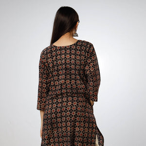 Black - Ajrakh Block Printed Cotton Long Straight Kurta