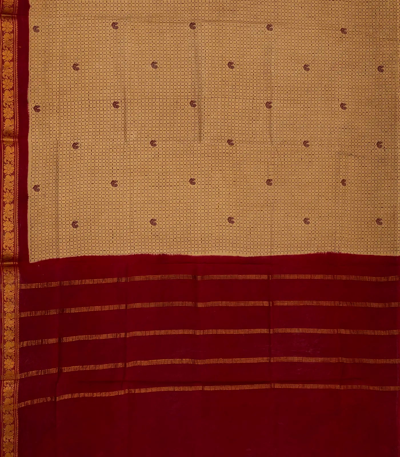 Beige Sungudi Cotton Saree With Checks & Annam Motifs