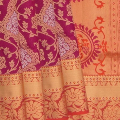 Pink Handwoven Soft Silk Saree With Mango And Vine Motifs In Contrast Rust Border & Pallu-Pink