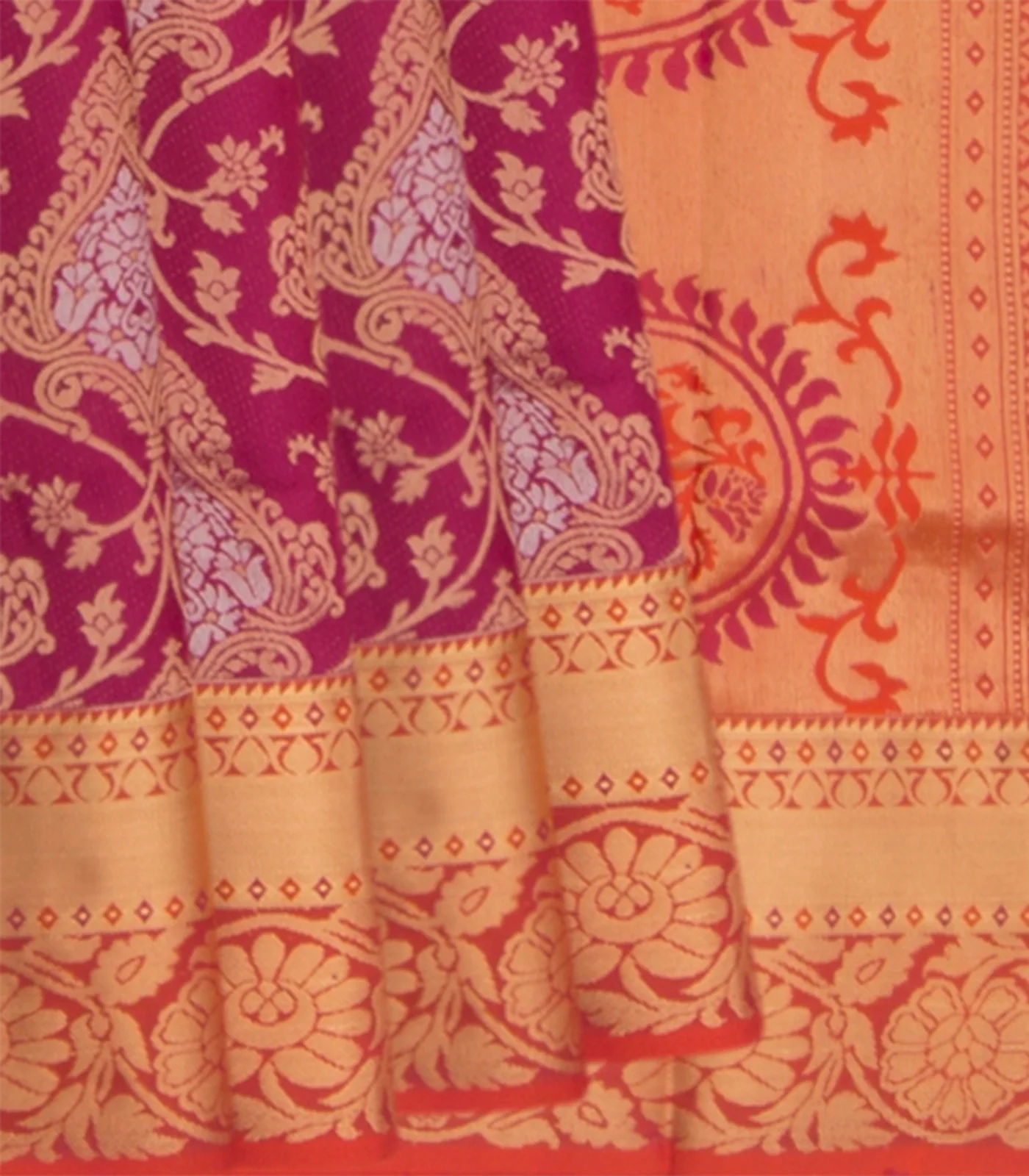 Pink Handwoven Soft Silk Saree With Mango And Vine Motifs In Contrast Rust Border & Pallu-Pink