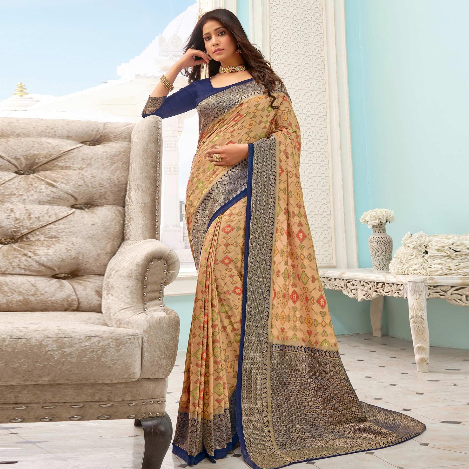 Fantastic Beige - Blue Colored Festive Wear Woven Pure Handloom Silk Saree