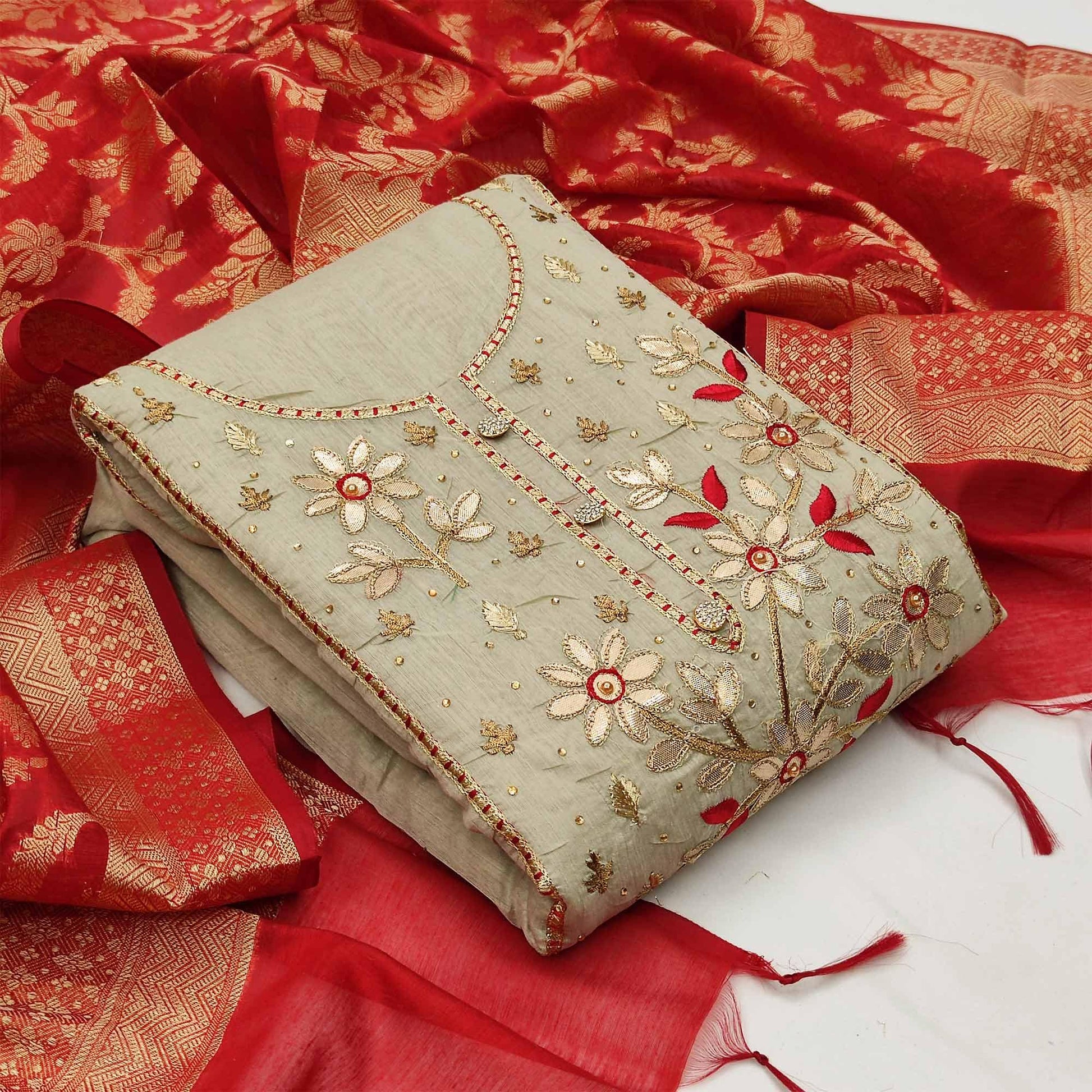 Fantastic Beige Colored Casual Embroidered Modal Chanderi Dress Material