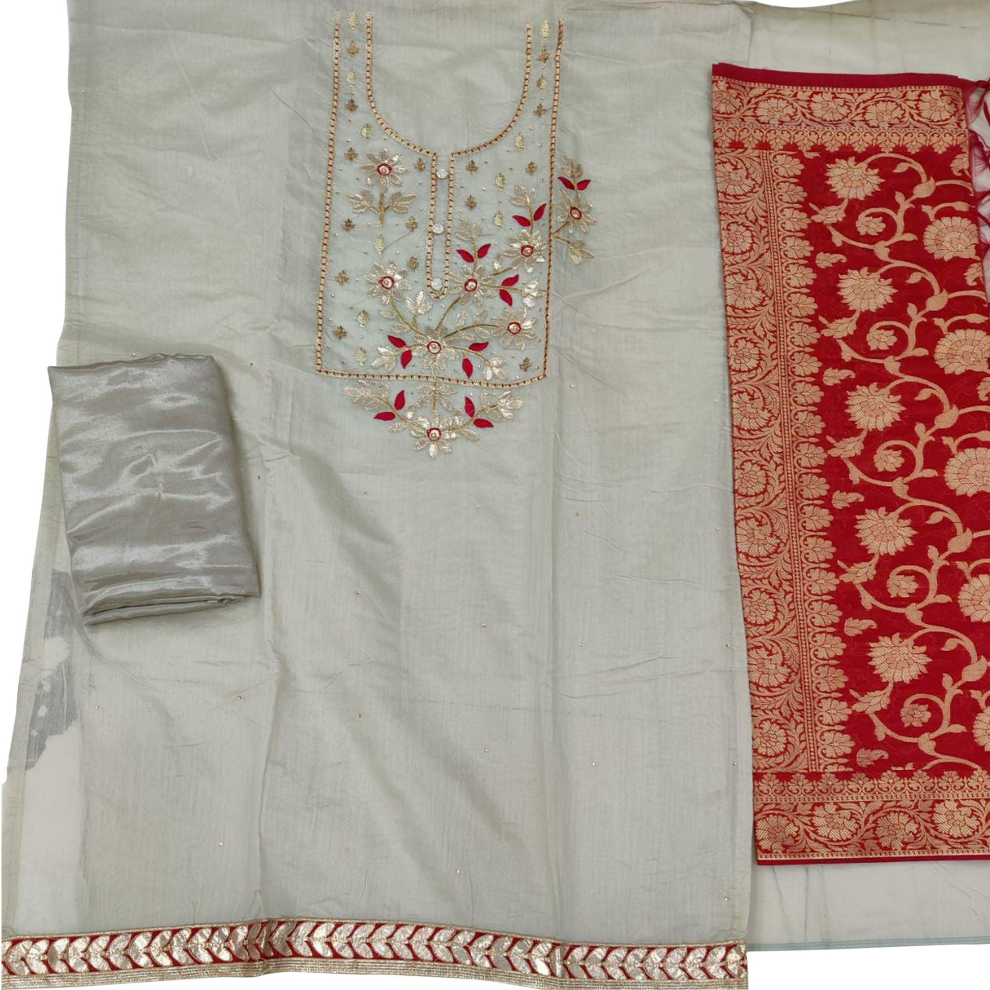 Fantastic Beige Colored Casual Embroidered Modal Chanderi Dress Material