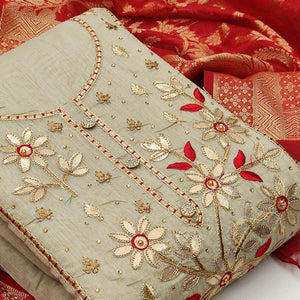 Fantastic Beige Colored Casual Embroidered Modal Chanderi Dress Material