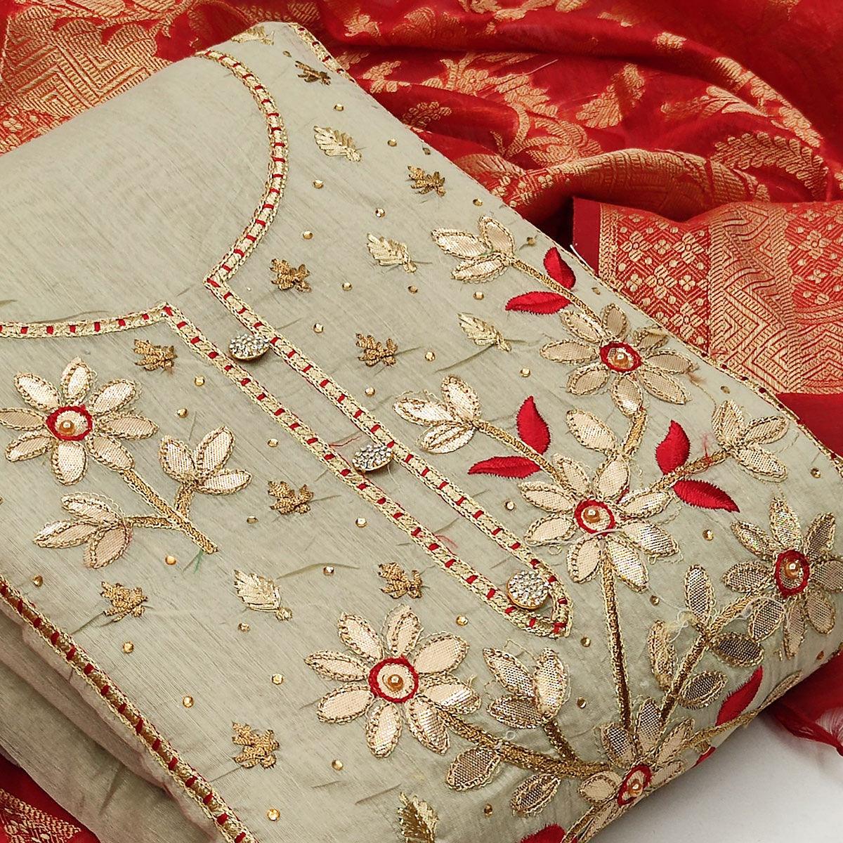 Fantastic Beige Colored Casual Embroidered Modal Chanderi Dress Material